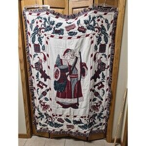 Vintage 1990 MWW Christmas Throw Tapestry Afghan Blanket Santa Holly 44" x 65"